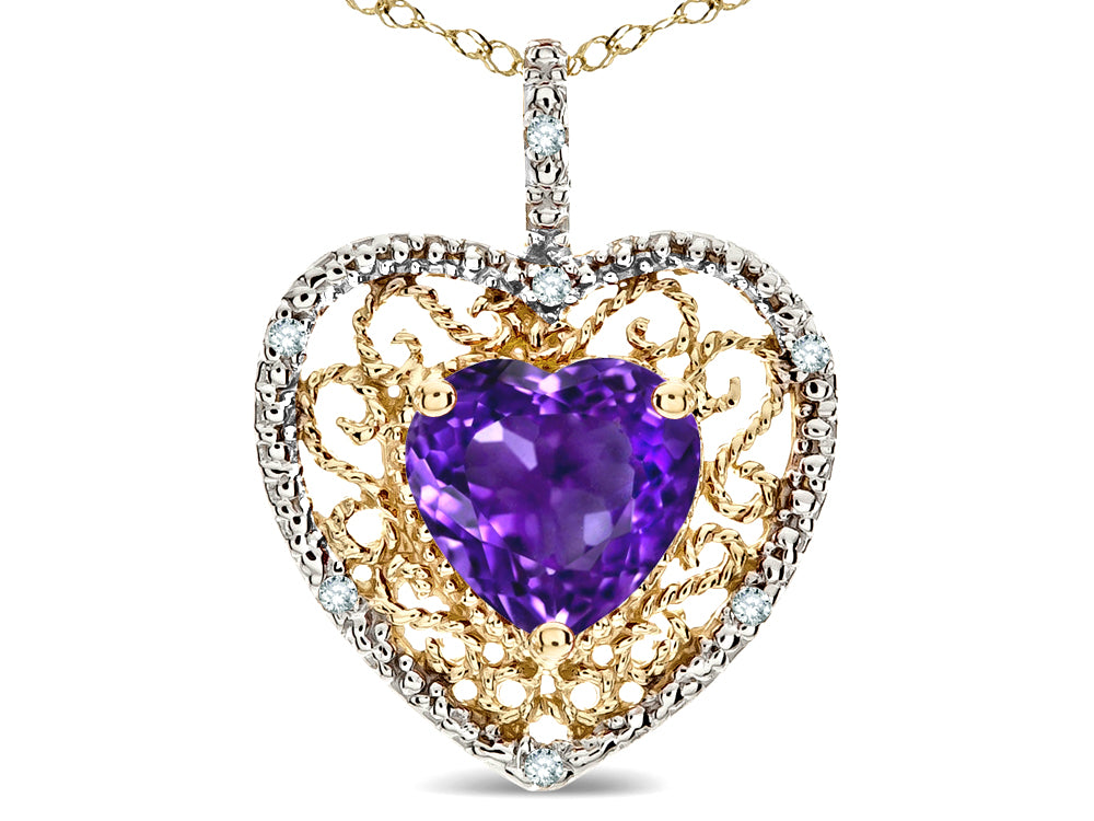 Star K Heart Shape 8mm Genuine Amethyst filigree Heart Pendant Necklace 14k Yellow Gold