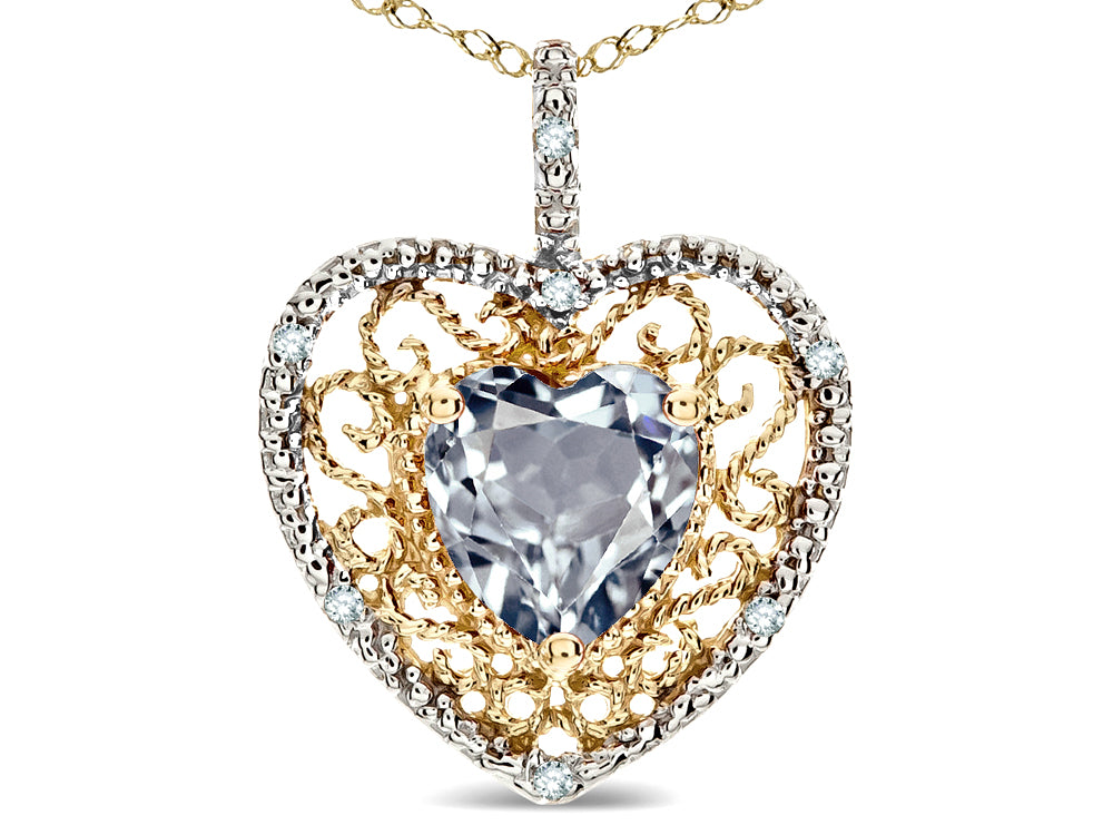 Star K Heart Shape 8mm Genuine Aquamarine filigree Heart Pendant Necklace 14k Yellow Gold