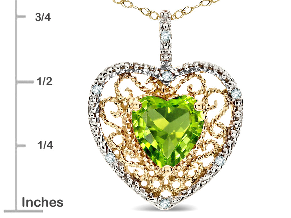Star K Heart Shape 8mm Genuine Peridot filigree Heart Pendant Necklace 14k Yellow Gold