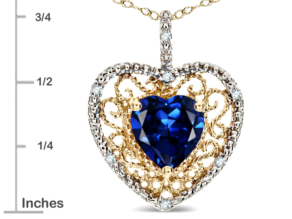 Star K Heart Shape 8mm Created Sapphire filigree Heart Pendant Necklace 14k Yellow Gold