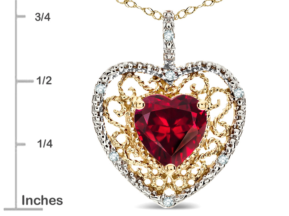 Star K Heart Shape 8mm Created Ruby filigree Heart Pendant Necklace 14k Yellow Gold