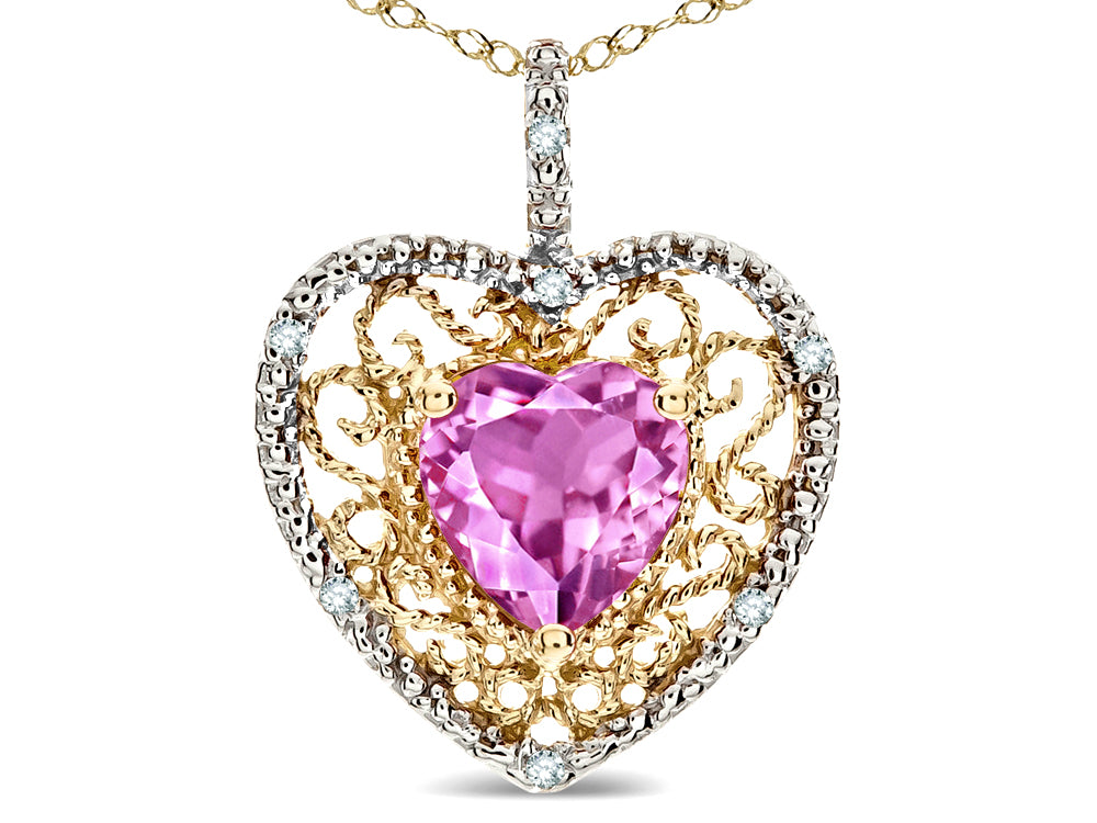 Star K Heart Shape 8mm Created Pink Sapphire filigree Heart Pendant Necklace 14k Yellow Gold