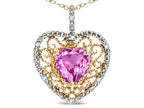Star K Heart Shape 8mm Created Pink Sapphire filigree Heart Pendant Necklace 14k Yellow Gold