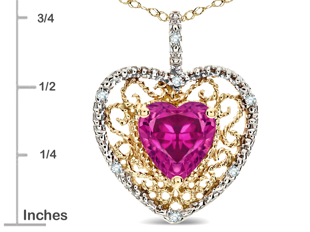 Star K Heart Shape 8mm Simulated Pink Tourmaline filigree Heart Pendant Necklace 14k Yellow Gold