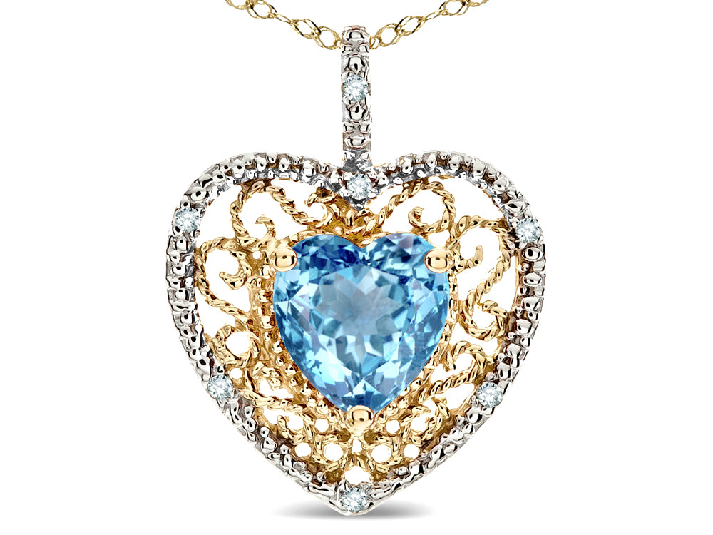 Star K Heart Shape 8mm Simulated Aquamarine filigree Heart Pendant Necklace 14k Yellow Gold