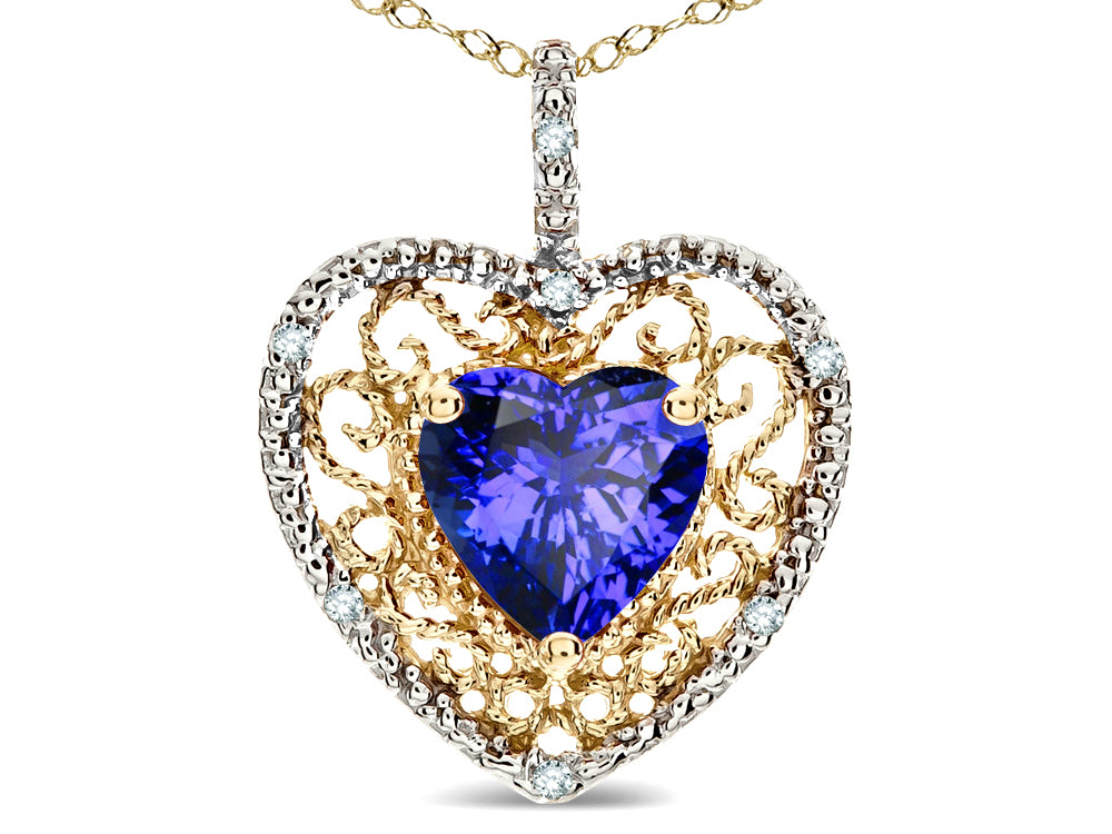 Star K Heart Shape 8mm Simulated Tanzanite filigree Heart Pendant Necklace 14k Yellow Gold