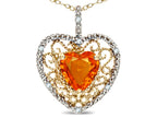 Star K Heart Shape 8mm Simulated Orange Mexican Fire Opal filigree Heart Pendant Necklace 14k Yellow Gold