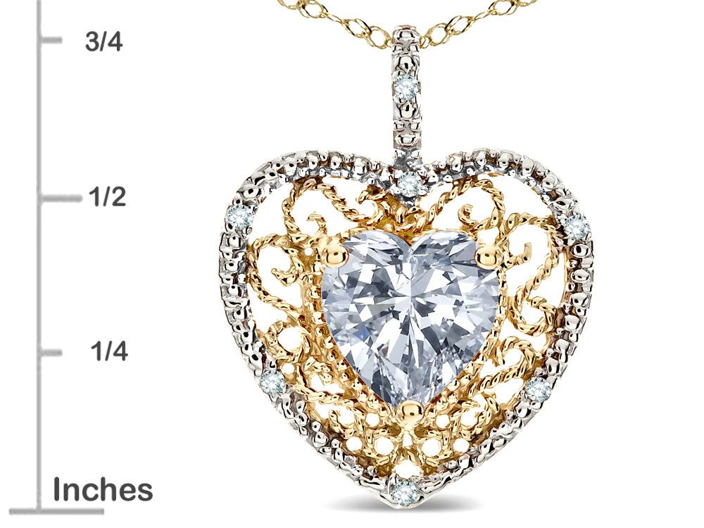 Star K Heart Shape 8mm Genuine White Topaz filigree Heart Pendant Necklace 14k Yellow Gold