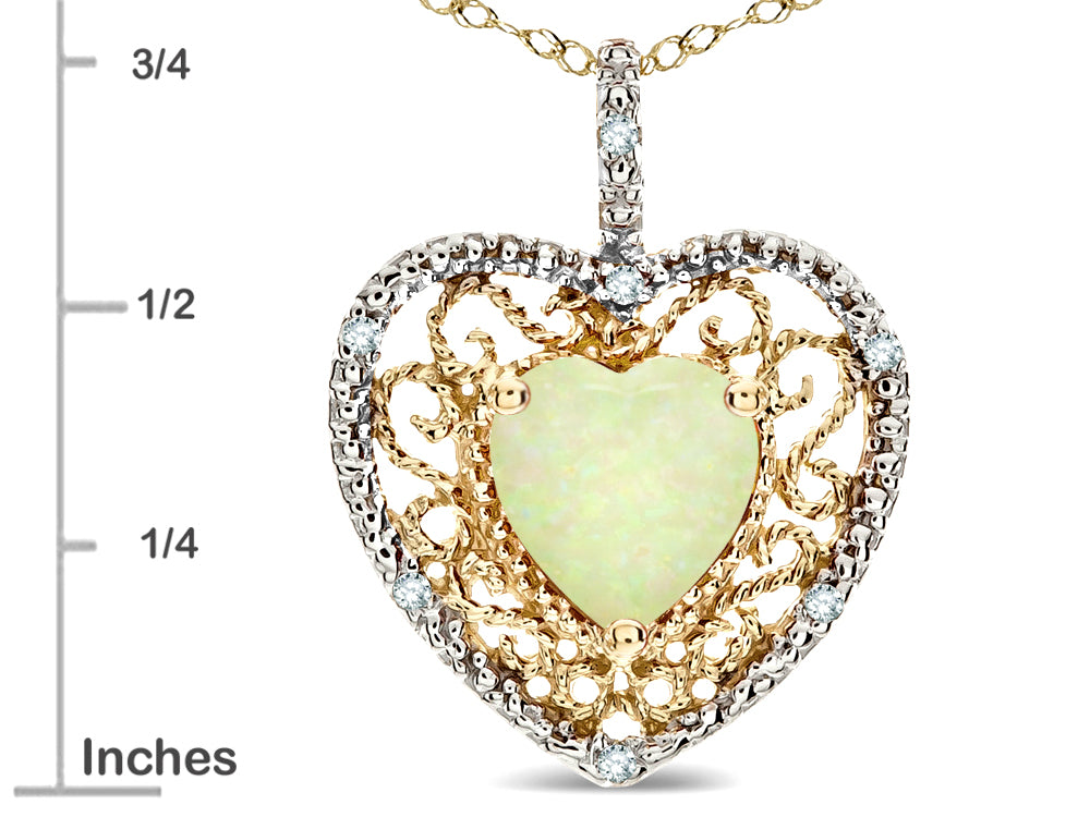 Star K Heart Shape 8mm Created Opal filigree Heart Pendant Necklace 14k Yellow Gold