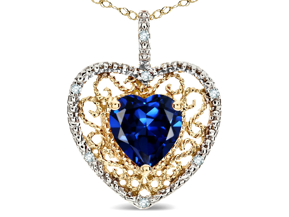 Star K Heart Shape 8mm Created Sapphire filigree Heart Pendant Necklace 10k Yellow Gold