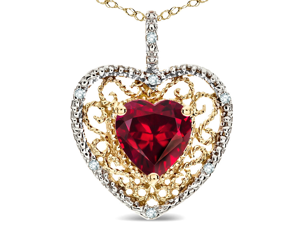 Star K Heart Shape 8mm Created Ruby filigree Heart Pendant Necklace 10k Yellow Gold