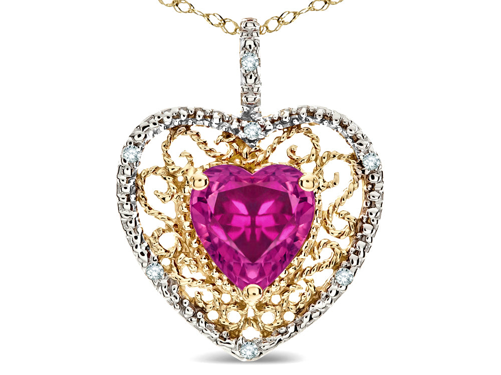 Star K Heart Shape 8mm Simulated Pink Tourmaline filigree Heart Pendant Necklace 10k Yellow Gold