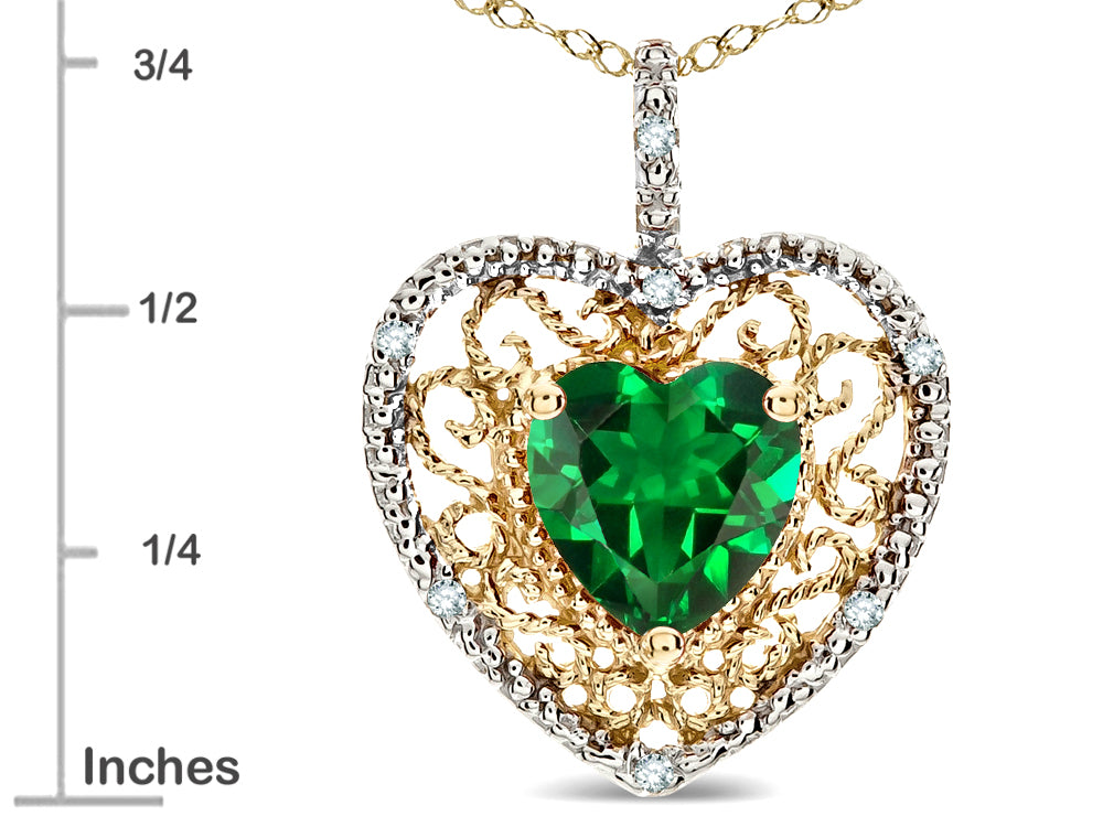 Star K Heart Shape 8mm Simulated Emerald filigree Heart Pendant Necklace 10k Yellow Gold