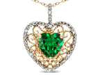 Star K Heart Shape 8mm Simulated Emerald filigree Heart Pendant Necklace 10k Yellow Gold