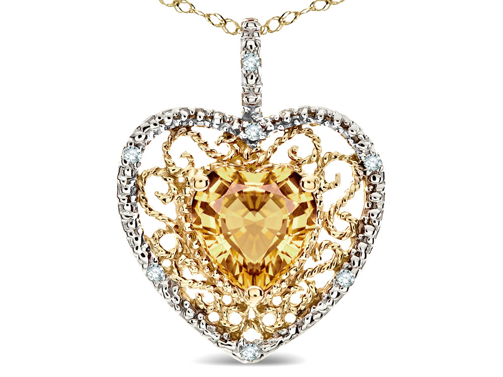 Star K Heart Shape 8mm Simulated Imperial Yellow Topaz filigree Heart Pendant Necklace 10k Yellow Gold