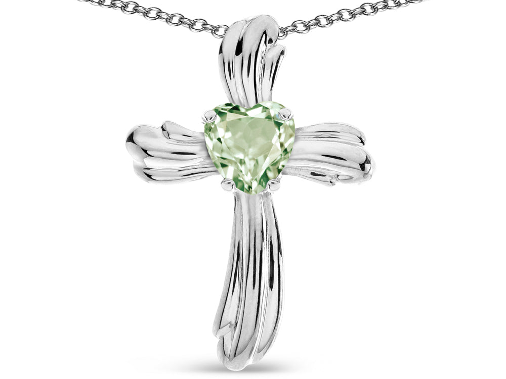 Star K Heart Shape 6mm Genuine Green Amethyst Ribbed Cross Of Love Pendant Necklace