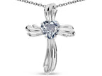 Star K Heart Shape 6mm Genuine Aquamarine Ribbed Cross Of Love Pendant Necklace