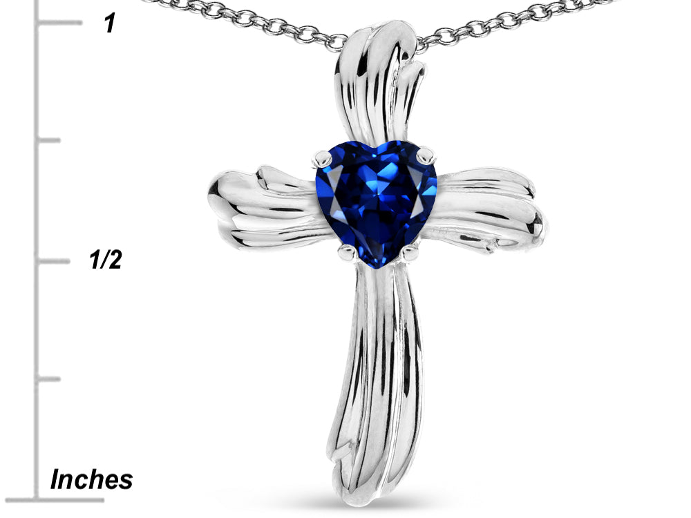Star K Heart Shape 6mm Created Sapphire Ribbed Cross Of Love Pendant Necklace