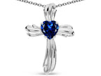 Star K Heart Shape 6mm Created Sapphire Ribbed Cross Of Love Pendant Necklace