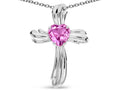 Star K Heart Shape 6mm Created Pink Sapphire Ribbed Cross Of Love Pendant Necklace