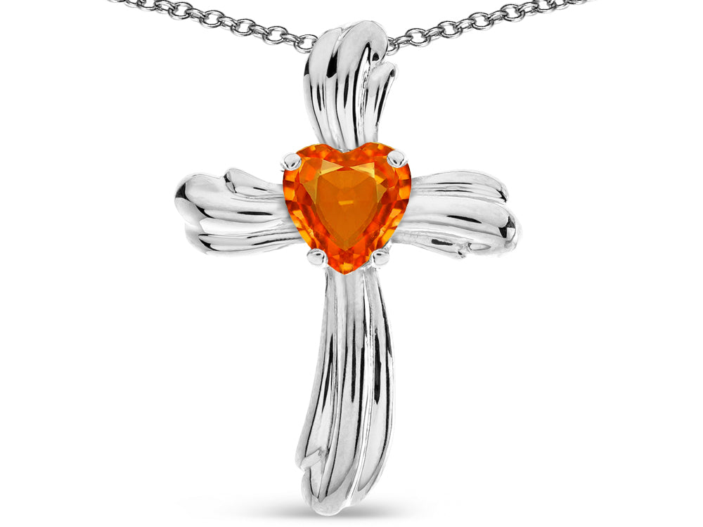 Star K Heart Shape 6mm Simulated Orange Mexican Fire Opal Ribbed Cross Of Love Pendant Necklace