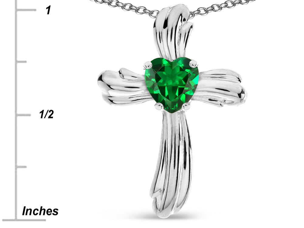 Star K Heart Shape 6mm Simulated Emerald Ribbed Cross Of Love Pendant Necklace