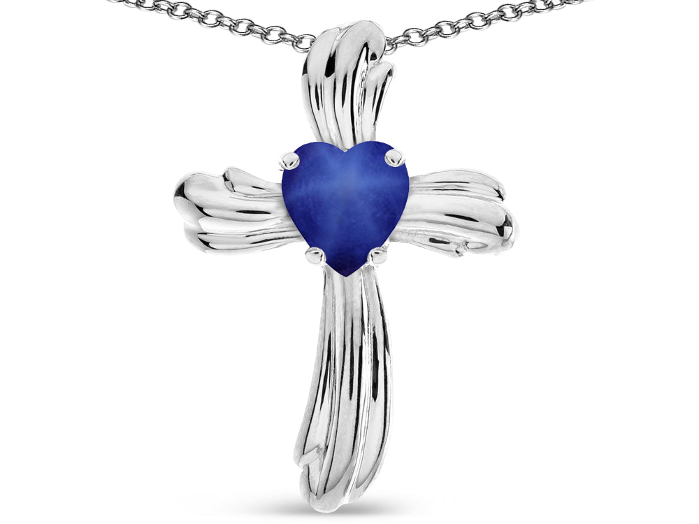 Star K Heart Shape 6mm Created Star Sapphire Ribbed Cross Of Love Pendant Necklace
