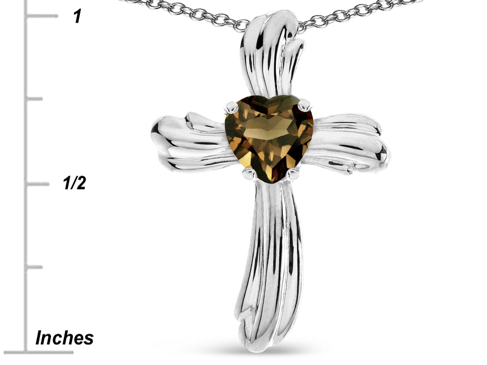 Star K Heart Shape 6mm Genuine Smoky Quartz Ribbed Cross Of Love Pendant Necklace