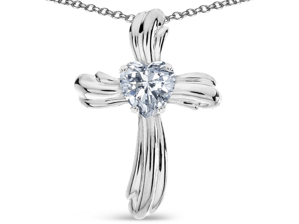 Star K Heart Shape 6mm Genuine White Topaz Ribbed Cross Of Love Pendant Necklace