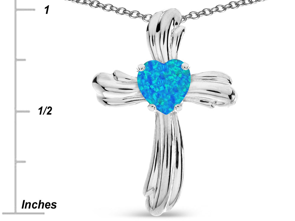 Star K Heart Shape 6mm Blue Created Opal Ribbed Cross Of Love Pendant Necklace