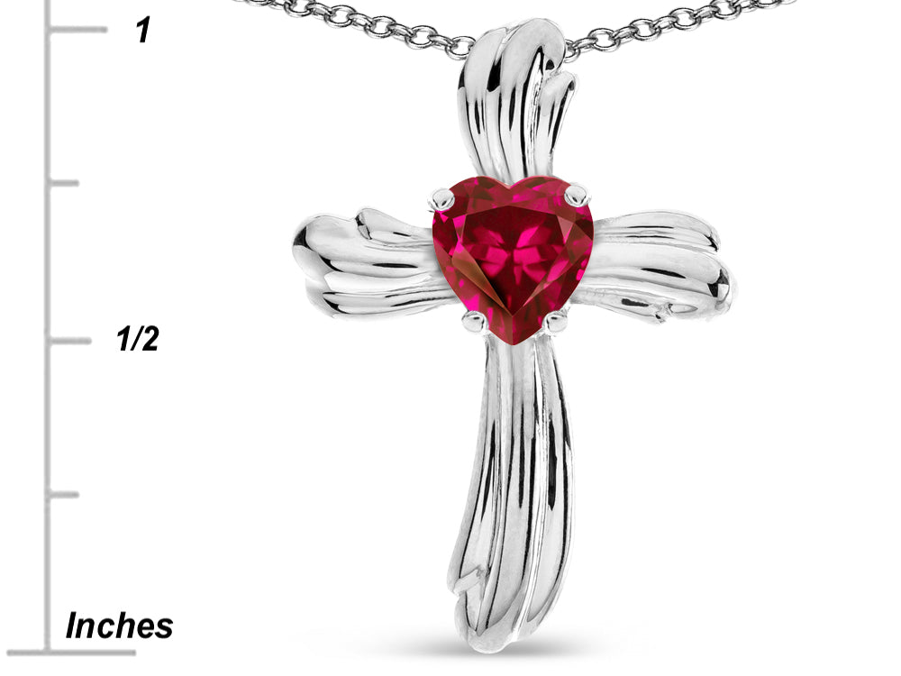 Star K Heart Shape 6mm Created Ruby Ribbed Cross Of Love Pendant Necklace 10k White Gold