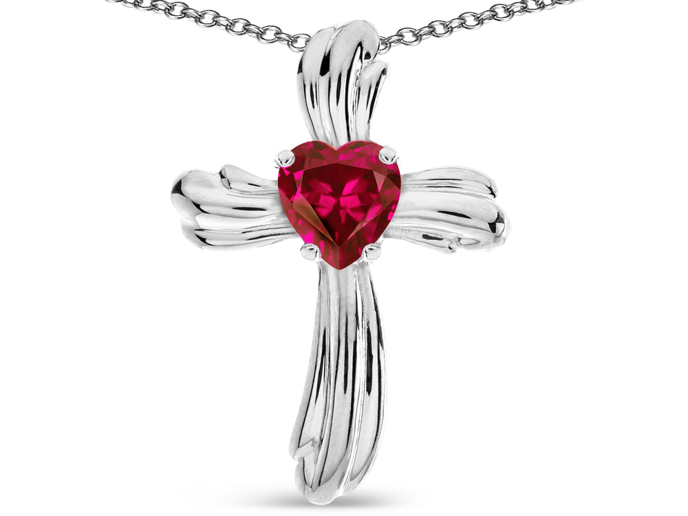 Star K Heart Shape 6mm Created Ruby Ribbed Cross Of Love Pendant Necklace 10k White Gold