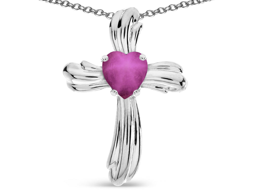 Star K Heart Shape 6mm Created Star Ruby Ribbed Cross Of Love Pendant Necklace 10k White Gold