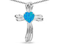Star K Heart Shape 6mm Blue Created Opal Ribbed Cross Of Love Pendant Necklace 10k White Gold