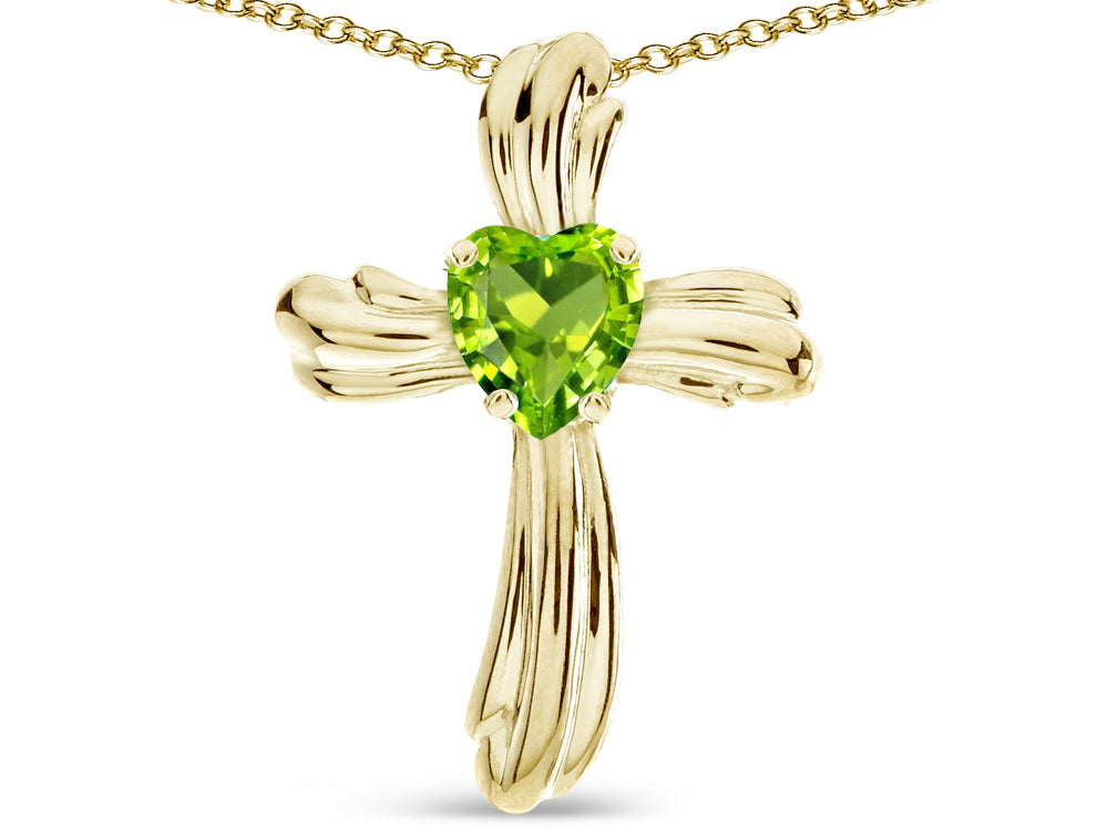 Star K Heart Shape 6mm Genuine Peridot Ribbed Cross Of Love Pendant Necklace 14k Yellow Gold