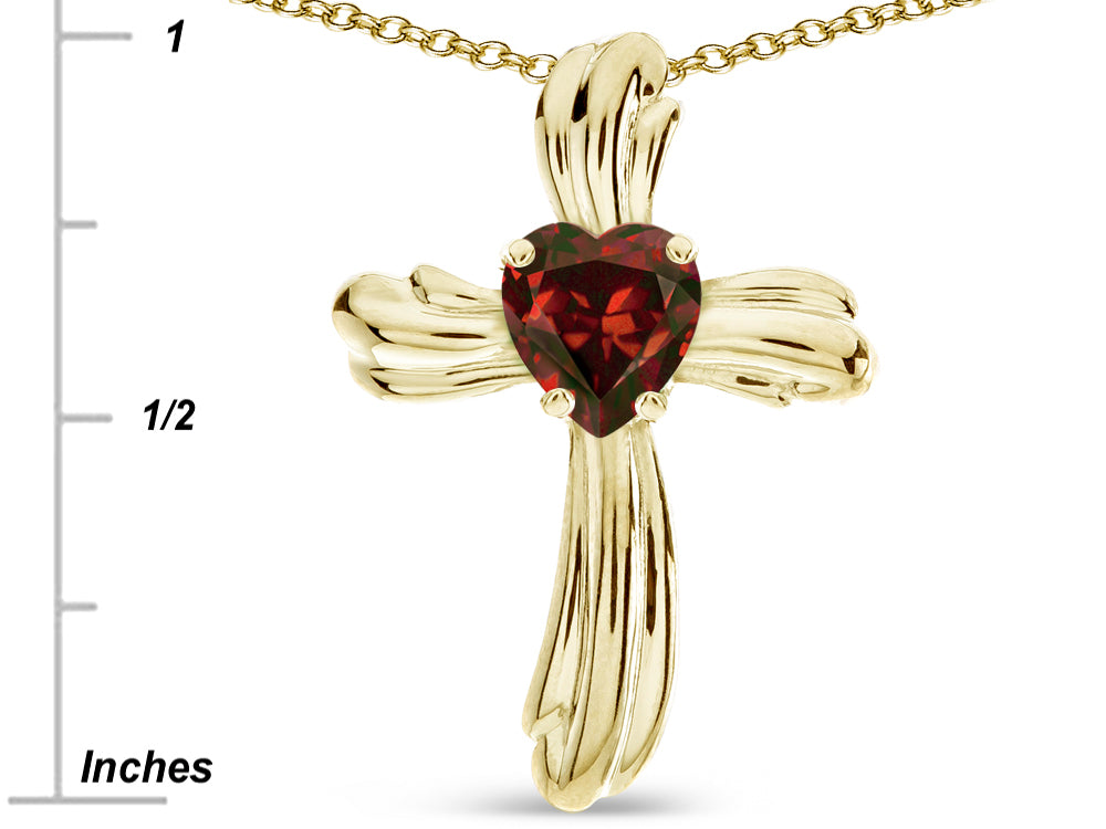 Star K Heart Shape 6mm Genuine Garnet Ribbed Cross Of Love Pendant Necklace 14k Yellow Gold