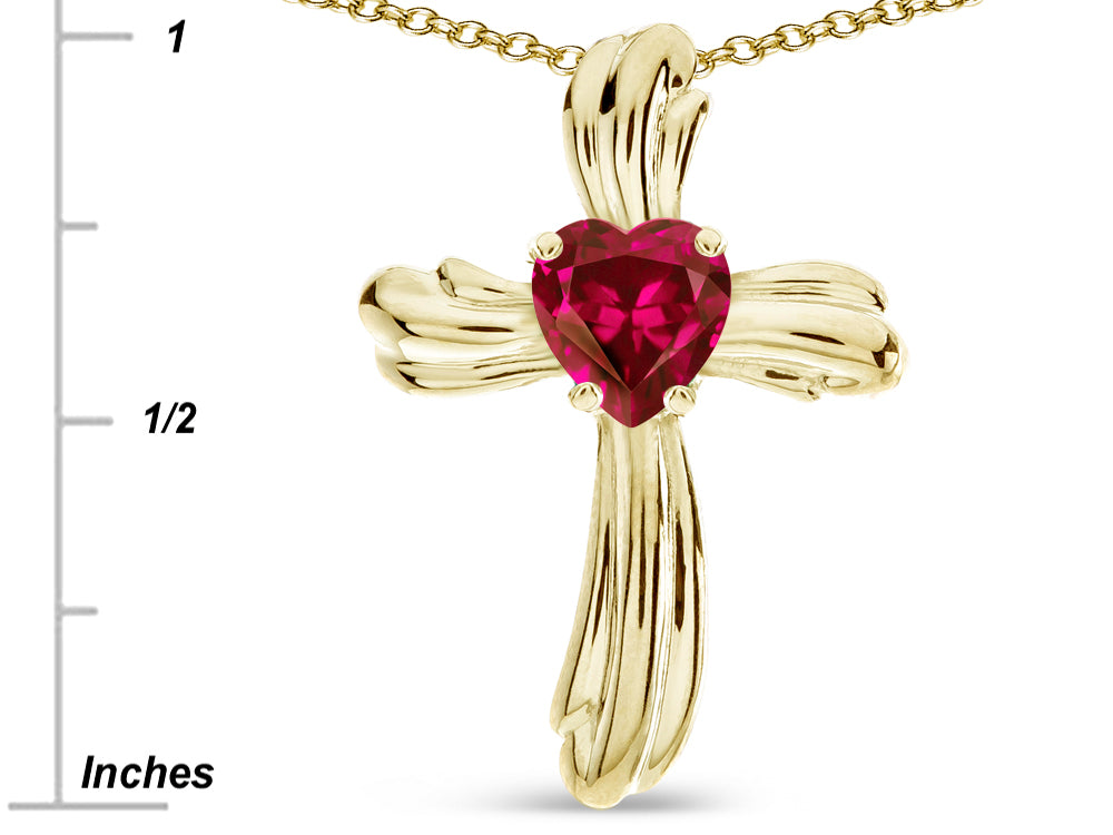 Star K Heart Shape 6mm Created Ruby Ribbed Cross Of Love Pendant Necklace 14k Yellow Gold