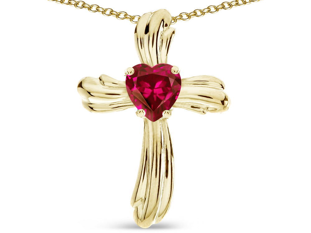 Star K Heart Shape 6mm Created Ruby Ribbed Cross Of Love Pendant Necklace 14k Yellow Gold