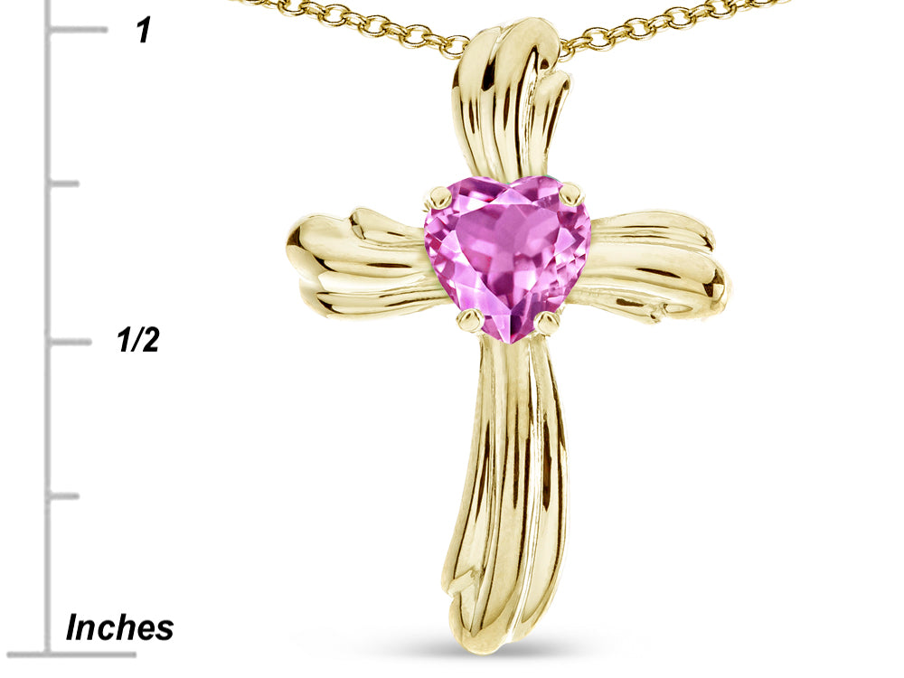 Star K Heart Shape 6mm Created Pink Sapphire Ribbed Cross Of Love Pendant Necklace 14k Yellow Gold