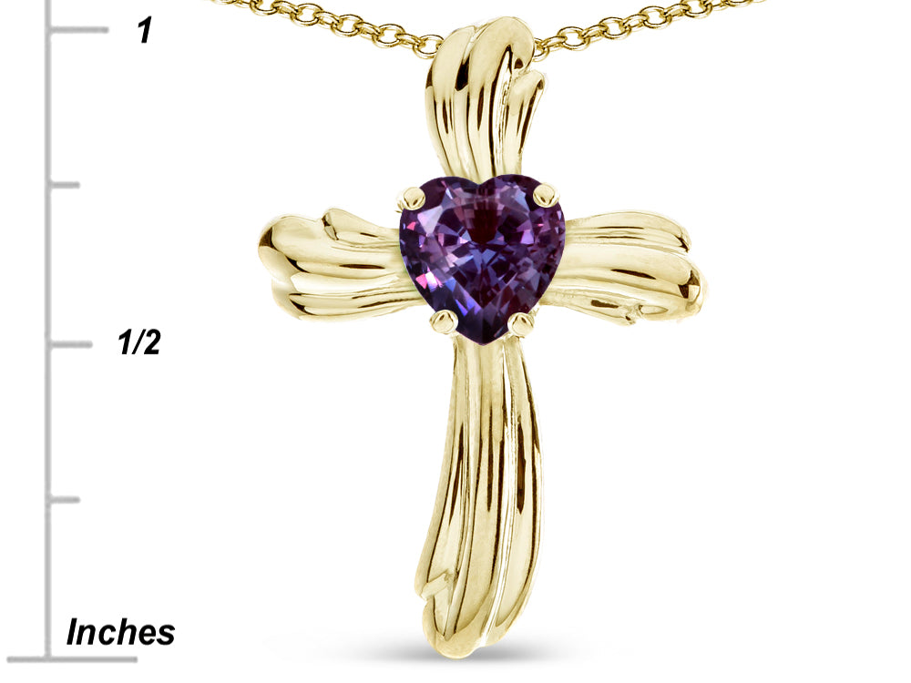 Star K Heart Shape 6mm Simulated Alexandrite Ribbed Cross Of Love Pendant Necklace 14k Yellow Gold