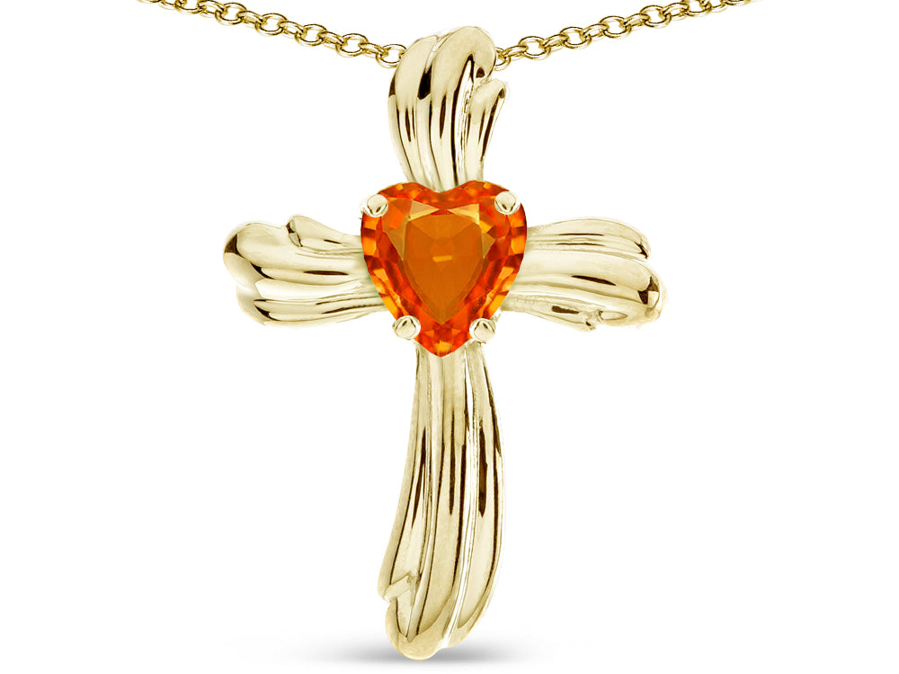 Star K Heart Shape 6mm Simulated Orange Mexican Fire Opal Ribbed Cross Of Love Pendant Necklace 14k Yellow Gold