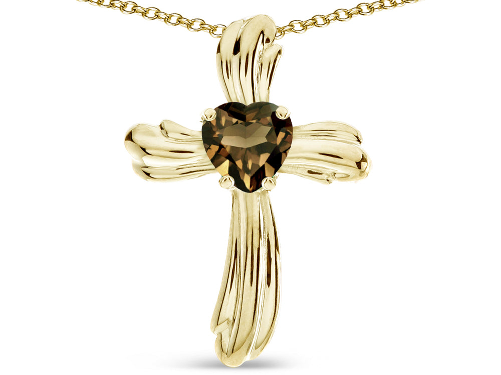 Star K Heart Shape 6mm Genuine Smoky Quartz Ribbed Cross Of Love Pendant Necklace 14k Yellow Gold