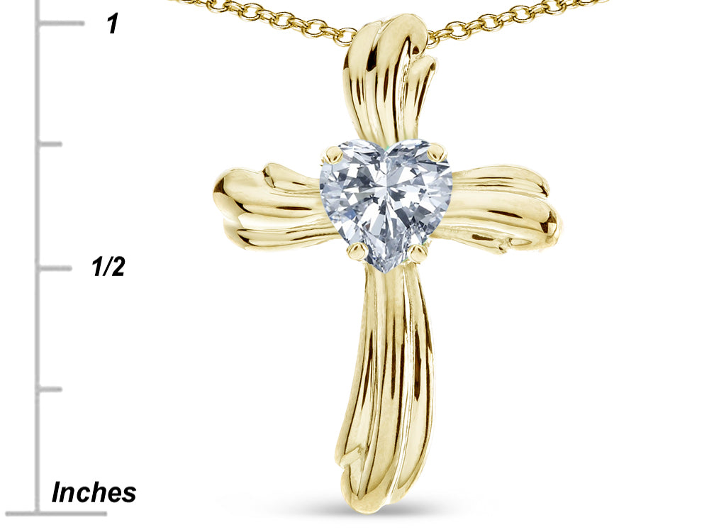 Star K Heart Shape 6mm Genuine White Topaz Ribbed Cross Of Love Pendant Necklace 14k Yellow Gold