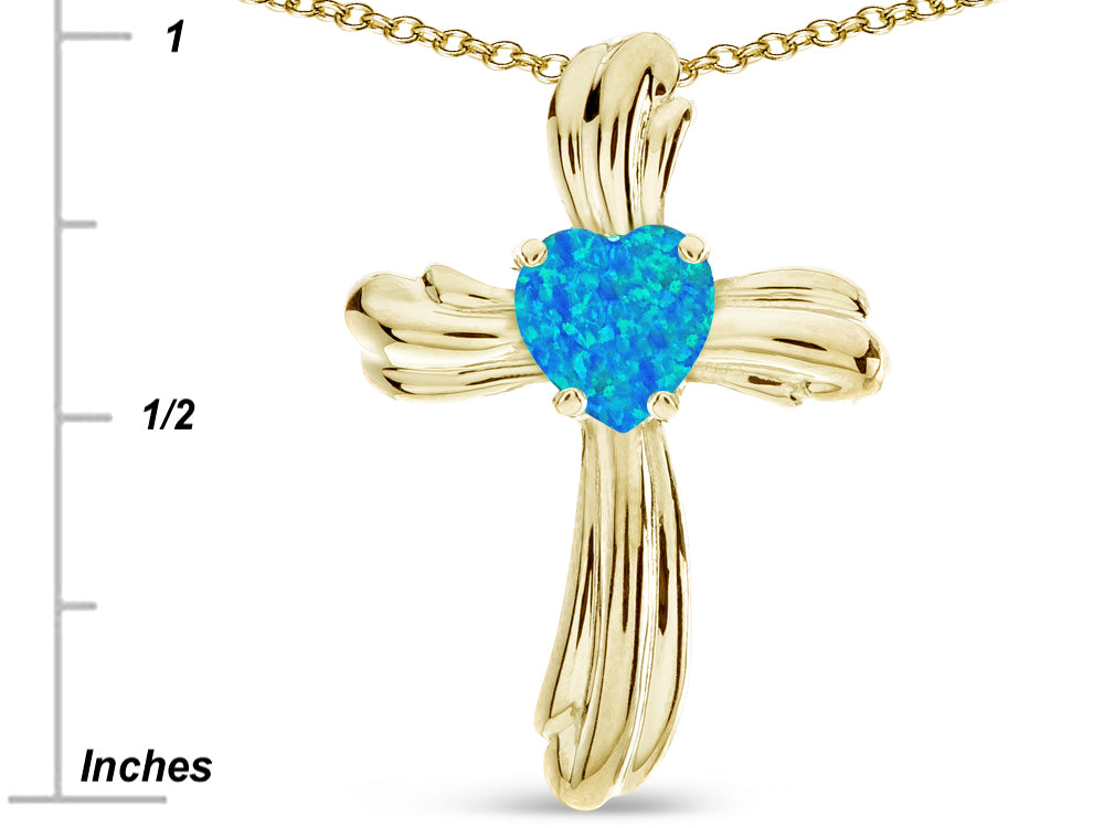 Star K Heart Shape 6mm Blue Created Opal Ribbed Cross Of Love Pendant Necklace 14k Yellow Gold