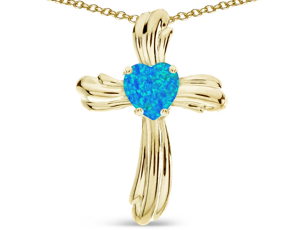 Star K Heart Shape 6mm Blue Created Opal Ribbed Cross Of Love Pendant Necklace 14k Yellow Gold