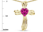 Star K Heart Shape 6mm Simulated Pink Tourmaline Ribbed Cross Of Love Pendant Necklace 14k Yellow Gold