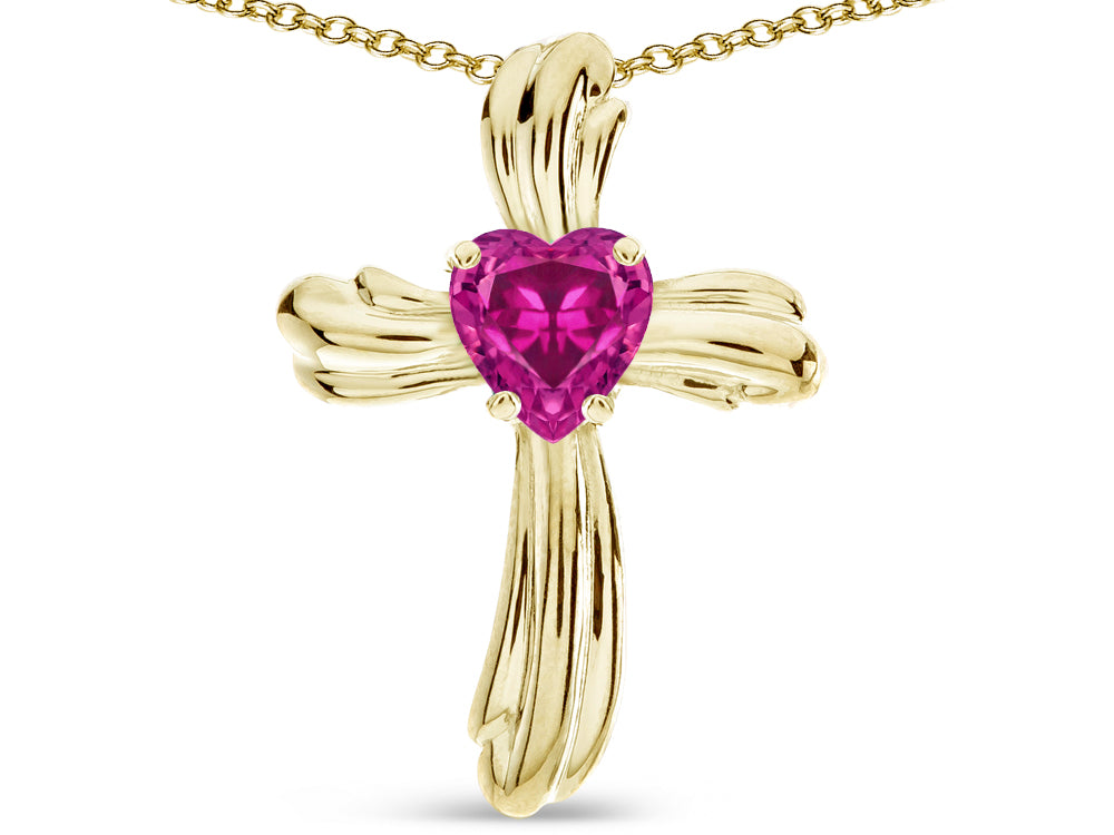 Star K Heart Shape 6mm Simulated Pink Tourmaline Ribbed Cross Of Love Pendant Necklace 14k Yellow Gold
