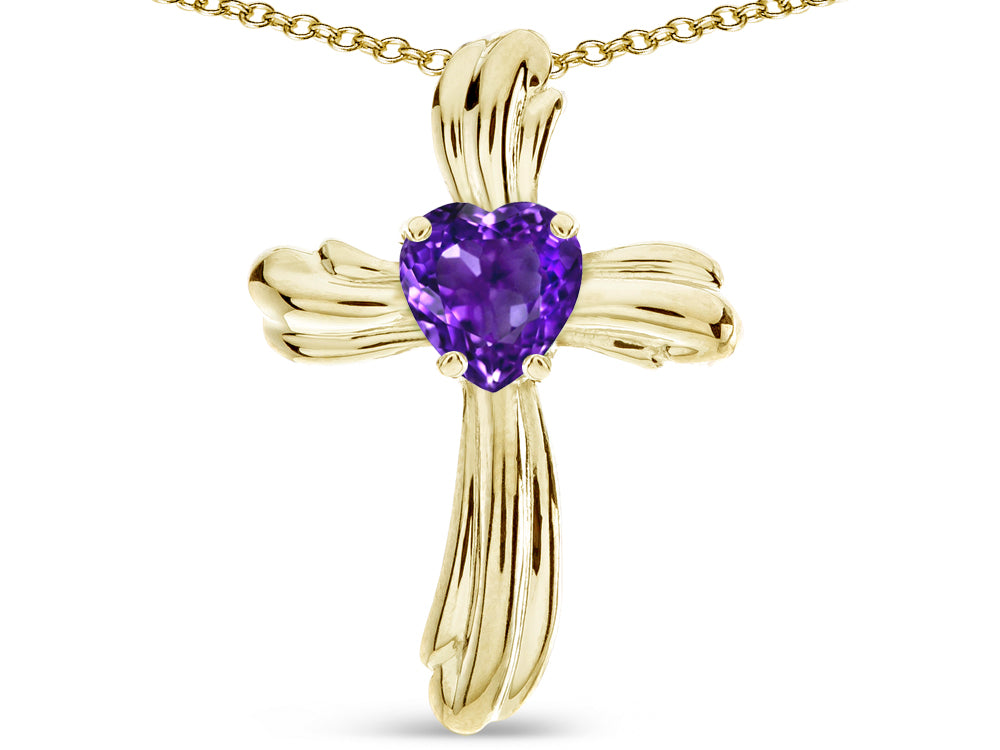 Star K Heart Shape 6mm Genuine Amethyst Ribbed Cross Of Love Pendant Necklace 10k Yellow Gold