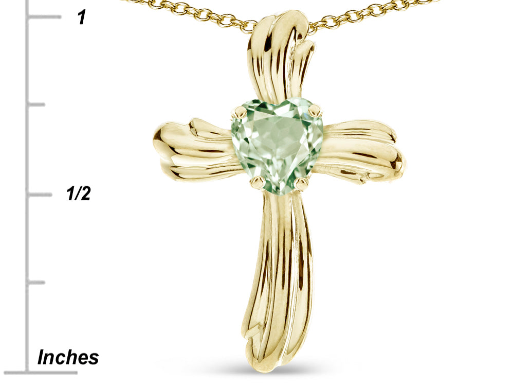 Star K Heart Shape 6mm Genuine Green Amethyst Ribbed Cross Of Love Pendant Necklace 10k Yellow Gold