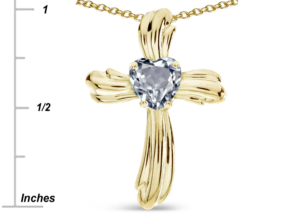 Star K Heart Shape 6mm Genuine Aquamarine Ribbed Cross Of Love Pendant Necklace 10k Yellow Gold